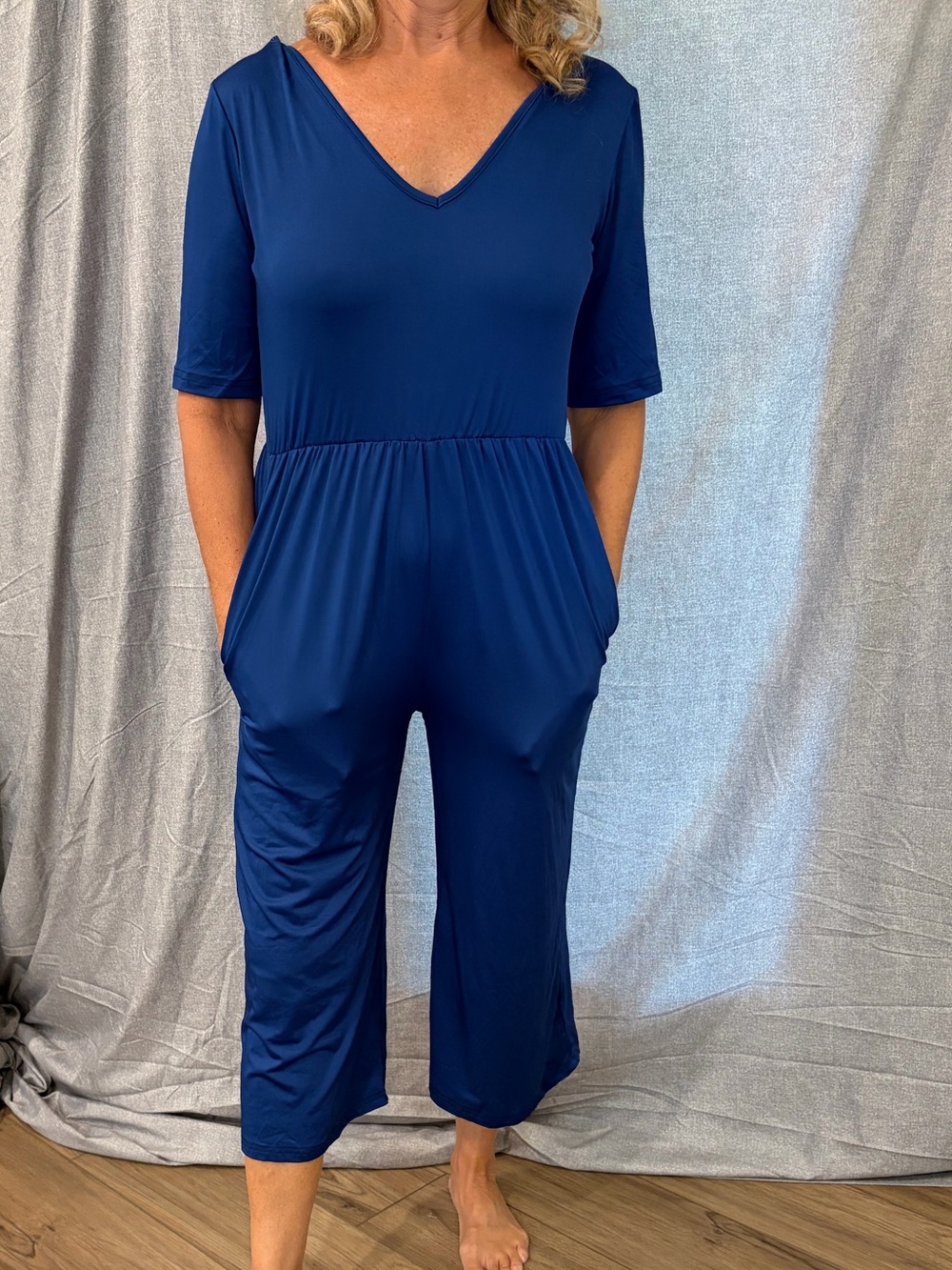 NWOT Royal Blue V Neck Midi Jumpsuit Elbow Sleeve Wide Leg Size S Teacher Summer